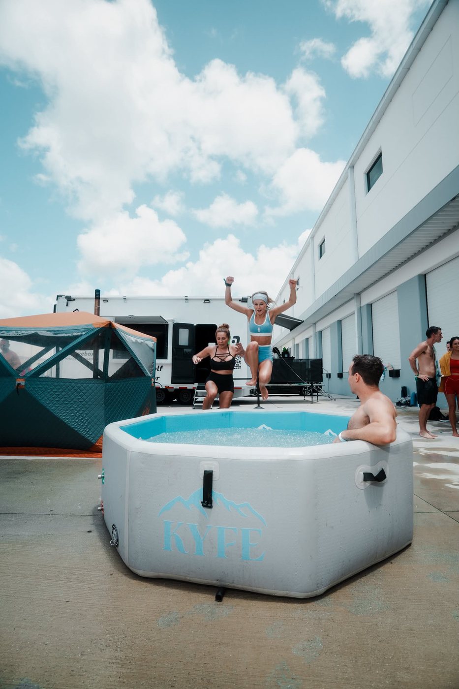 Madeline jumping into an ice bath